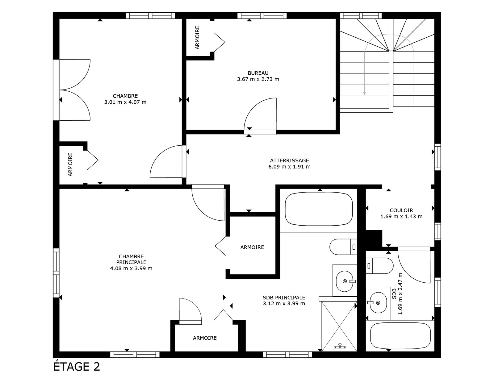 Plan du niveau 2 : chambre principale et sa salle de bains, deuxième chambre, bureau et salle de bains.
